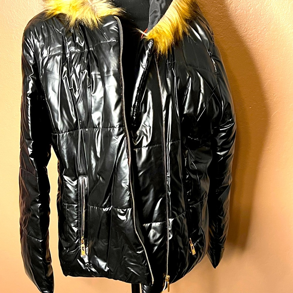 Womens fur hood jacket faux leather jacket